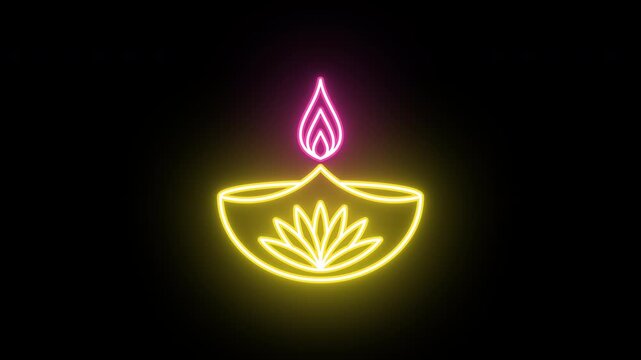 Neon Diya with fire, color shift animation. Glowing neon Diya lamp, looped color animation. Happy Diwali, Deepavali oil candle, Diya oil lamp with lotus flower. Yellow, pink colors
