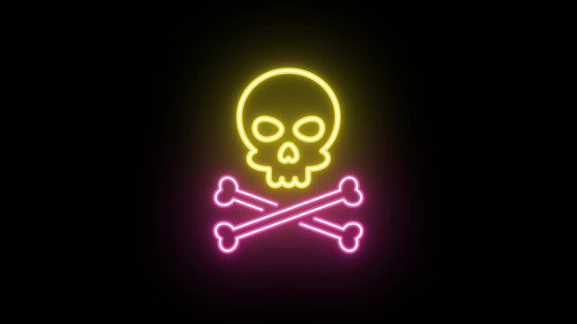 Neon skull crossbones icon, color shift animation. Glowing neon jolly roger sign, looped color animation. Pirate skull emoji, corsair cranium, danger, death warning, skeleton. Yellow, pink color