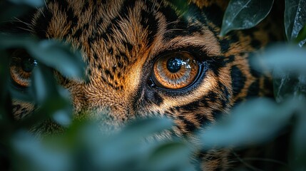 Leopard's eye sharply focused through a curtain of leaves and branches, embodying the concept of tracking prey in the wild