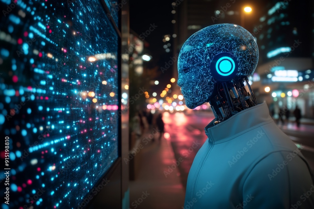 Poster AI Powered Robot with Blue Neural Interface Gazing at a Futuristic Digital Display in an Urban Setting Symbolizing the Integration of Technology and Human Cognition