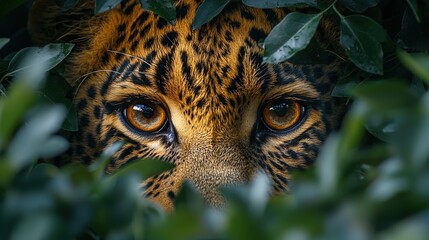 Leopard's eye sharply focused through a curtain of leaves and branches, embodying the concept of tracking prey in the wild
