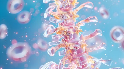 Fototapeta premium Spinal Symphony: A luminous, ethereal depiction of a human spine, intricately detailed and surrounded by glowing cells, evoking the beauty and complexity of the human body. 