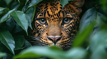 Leopard's eye sharply focused through a curtain of leaves and branches, embodying the concept of tracking prey in the wild