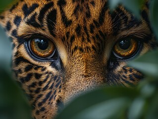 A leopard's piercing eye seen through a tangle of bushes, showcasing its keen hunting instincts and camouflage