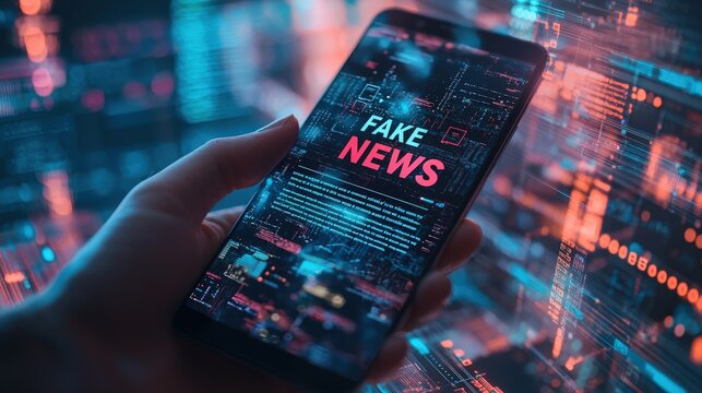 A smartphone screen shows the words fake news surrounded by vibrant digital graphics, indicating concern over misinformation in today's society