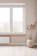 Fototapeta premium Modern interiors in a luxury property with minimalist furniture and ornaments in warm colors. Interior design composition with minimal furniture and copyspace.