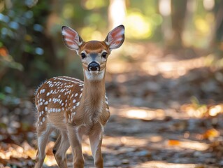 A white-tailed deer fawn and its hind strolling along a quiet woodland path, blending seamlessly with the surrounding nature