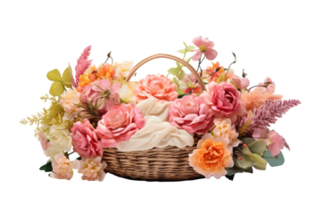 Vibrant Floral Arrangement in Woven Basket Celebrating Beauty of Springtime Blossoms and Nature's Splendor on Transparent PNG Background.