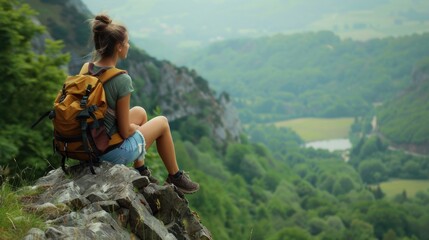 Naklejka premium Hiker steep trail trekking poles rocky mountain background