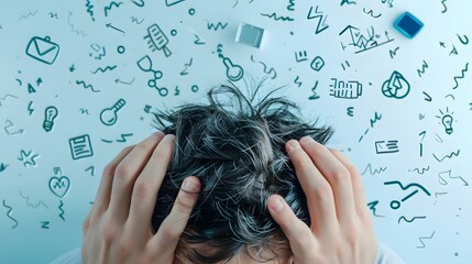 Overwhelmed: A man grapples with information overload, his head in his hands as a chaotic storm of icons and symbols swirls around him
