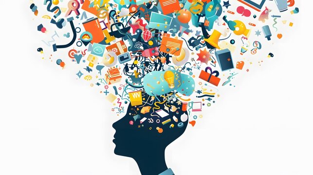 Mind Overflow: A silhouette head with ideas bursting forth, symbolizing the boundless power of imagination, innovation, and creativity. 