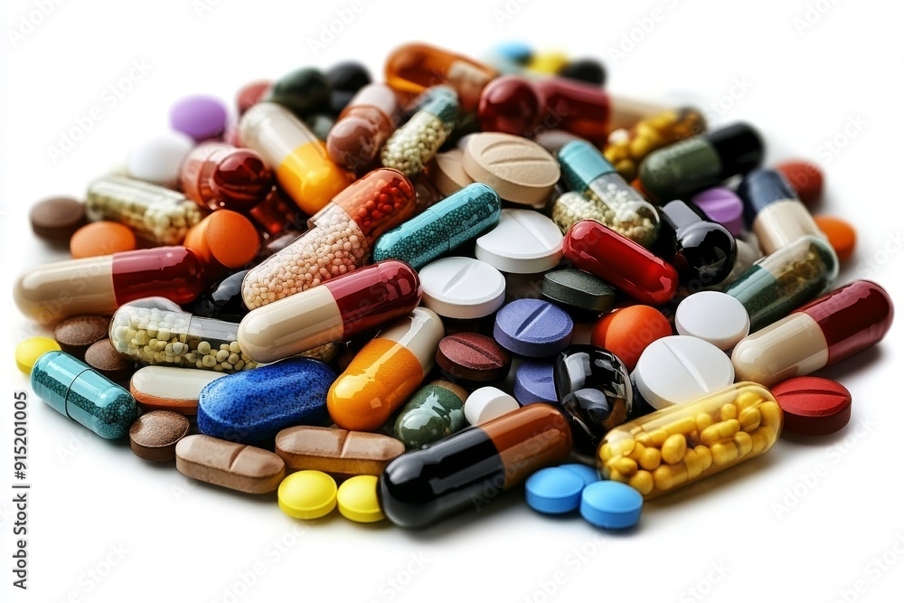 Poster pile of mixed capsules and pills of different shapes and sizes representing the diversity and range 