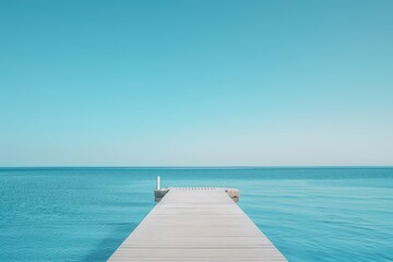 Obraz premium Minimalistic summer banner with pontoon bridge sea and horizon line. Blue summer background for recreation and tourism with copy space. Romantic quiet scene