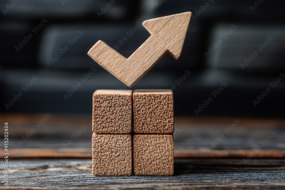 Poster arrow made of wooden blocks pointing upwards symbolizing growth and progress in business and persona