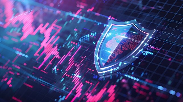 Cybersecurity Shield:  A futuristic digital shield stands guard on a network of data, symbolizing protection, security, and safeguarding sensitive information in the digital realm.  