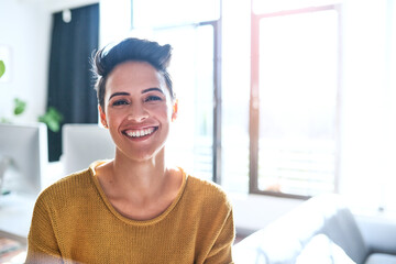 Business woman, portrait and copywriter in office, confidence and smile for internship at agency....