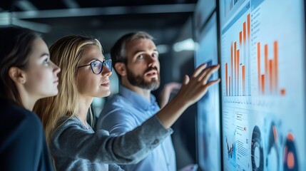 Business professionals analyzing market performance data on a digital dashboard, focusing on benchmarking and competitive analytics for strategic decision-making - Powered by Adobe