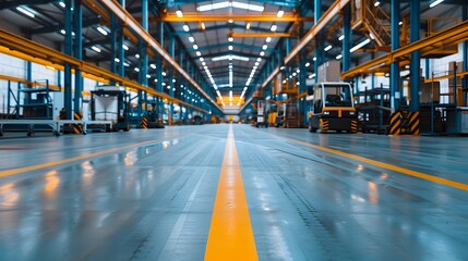 Fototapeta premium The Heart of Industry: A vast, modern factory floor awaits, illuminated by natural light and brimming with potential. 