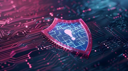 Digital Vulnerability: A glowing exclamation point warns within a circuit-board shield, representing cybersecurity risks in a high-tech world.