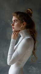 Woman in a studio, lying wearing white bodysuit soft lighting