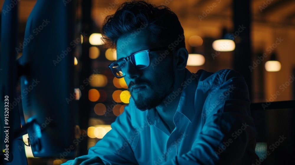 Poster a man wearing sunglasses is sitting in front of a computer monitor
