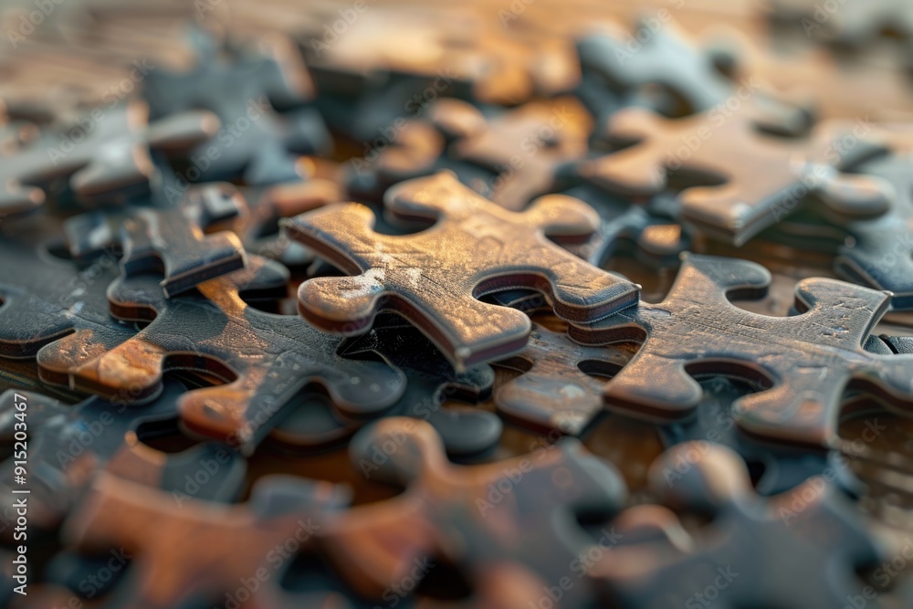 Poster a collection of puzzle pieces arranged on a flat surface, ideal for illustration or design projects