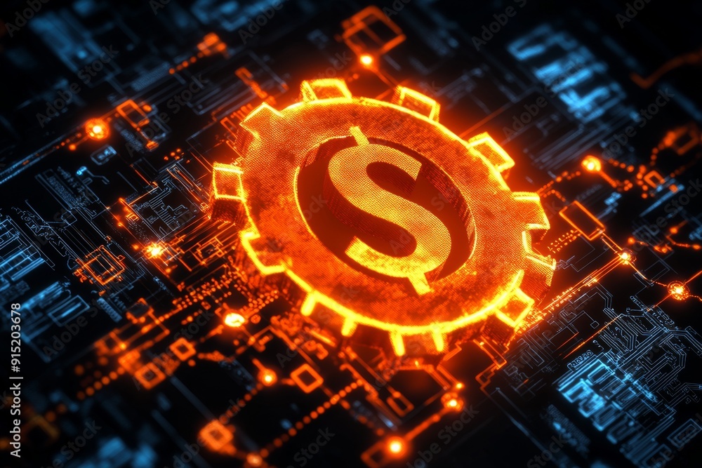 Poster glowing dollar symbol encircled by high tech circuitry representing the integration of finance and t
