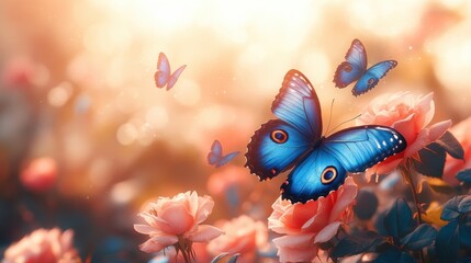 Fototapeta premium Enchanting Fairytale Garden with Peacock Eye Butterflies and Blue Butterflies in Soft Pastel Tones