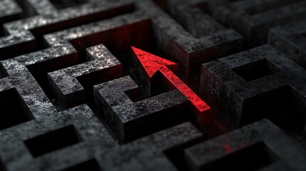 A red arrow navigating through a complex black maze, symbolizing overcoming obstacles and finding solutions.