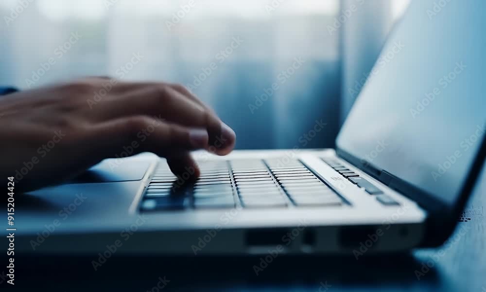 Aufkleber a person is actively working on a laptop keyboard by a window with soft natural light