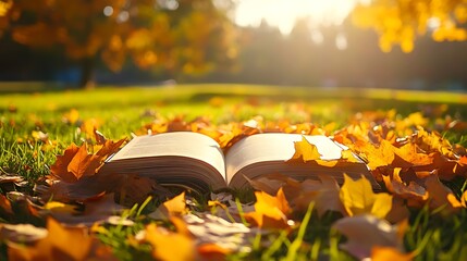 An open book on grass surrounded by autumn leaves under warm sunlight, symbolizing relaxation and mindfulness in nature therapy.