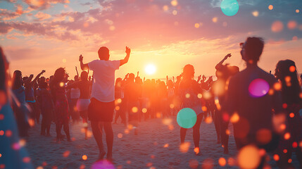 A vibrant crowd dancing at a beach party during sunset 
