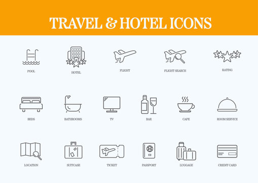 set of travel and tourism line icons. Airplane, trip, beach, passport, summer vacations, luggage, camping, hotel  icon collection. Outline icon collection