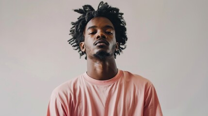 Obraz premium A man with dreadlocks is wearing a pink shirt and looking away from the camera