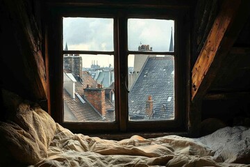 A window in a cozy attic bedroom, showing the tops of city rooftops and chimneys.