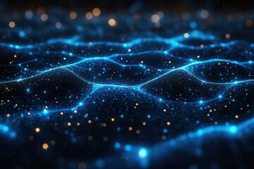 abstract network of glowing blue lines and nodes against dark background representing complex data connections cybersecurity concepts and digital transformation in modern tech landscape
