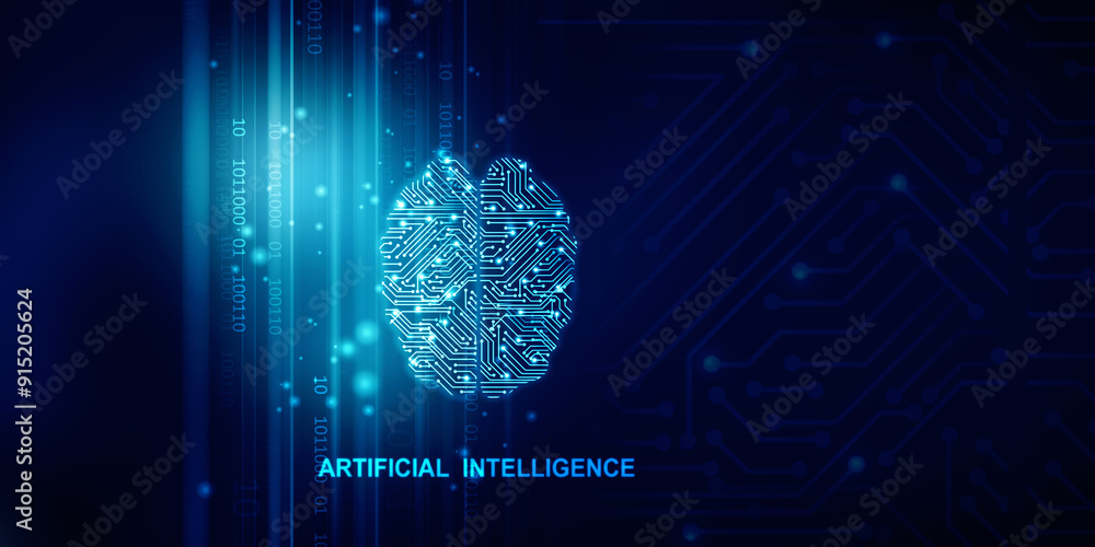 Poster 2d illustration concept of thinking, background with brain, abstract artificial intelligence. techno
