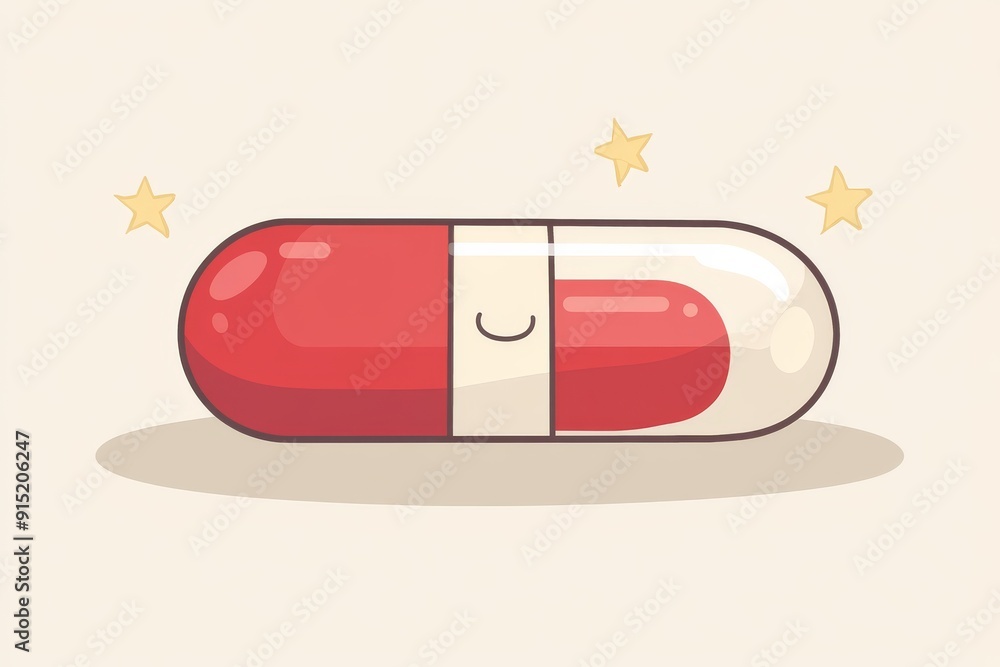 Poster cute red and white capsule with a smiling face on a beige background representing positivity and hea