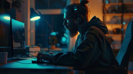 A focused individual wearing headphones and glasses works at a computer desk in a dimly lit, cozy home office.