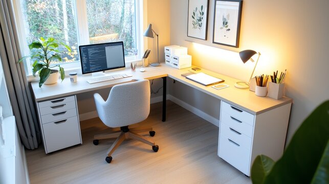 Modern Home Office with Large Windows, L-Shaped Desk, and Warm Lighting for Optimal Work Environment