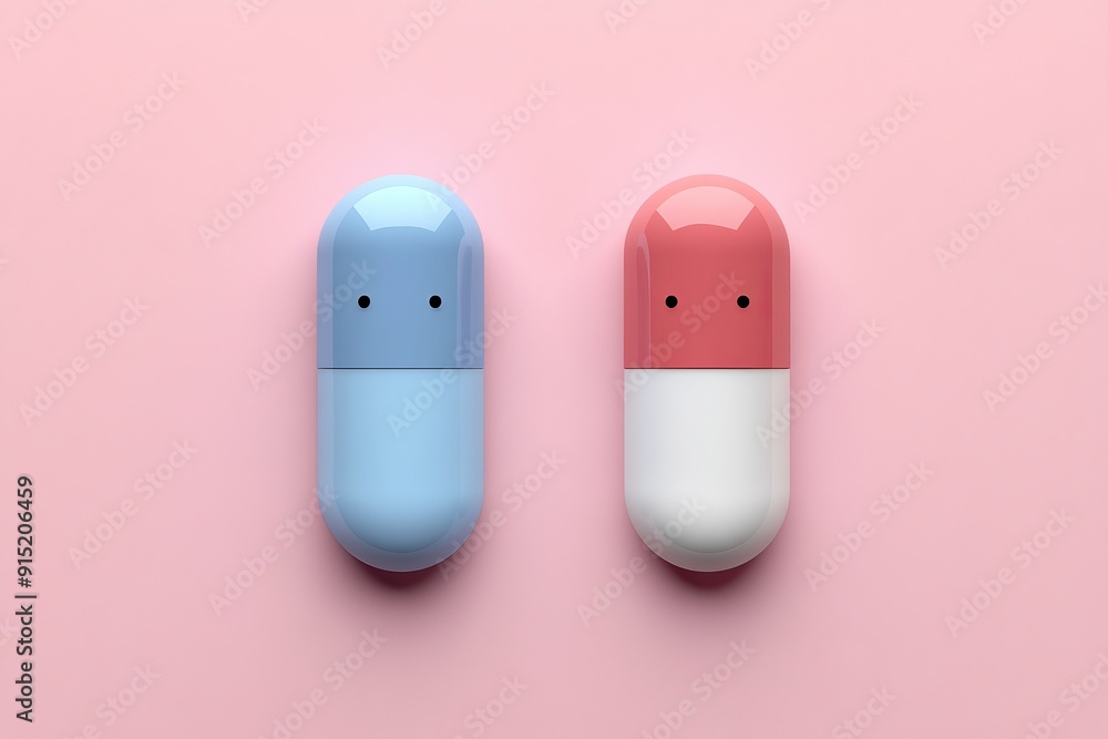 Poster minimalist composition of two capsules on a pink background representing the simplicity and effectiv