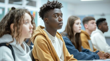 Focused Multicultural Youth Sitting Attentively in Classroom During Lecture