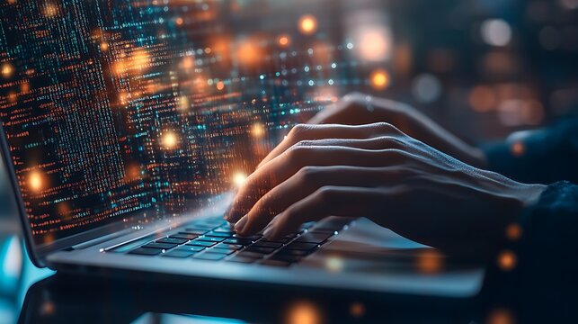 Hands typing on a laptop keyboard with code snippets, representing data extraction, transformation, and loading (ETL) processes