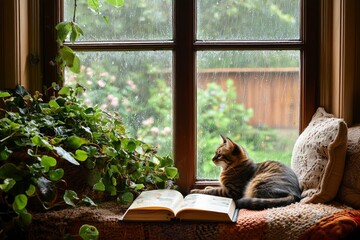 A window in a cozy reading nook, with a cat lounging on the sill and a rain-soaked garden outside. 