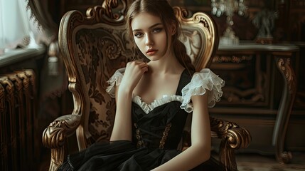 Fototapeta premium Woman in a black dress sitting in an elegant chair vintage decor background