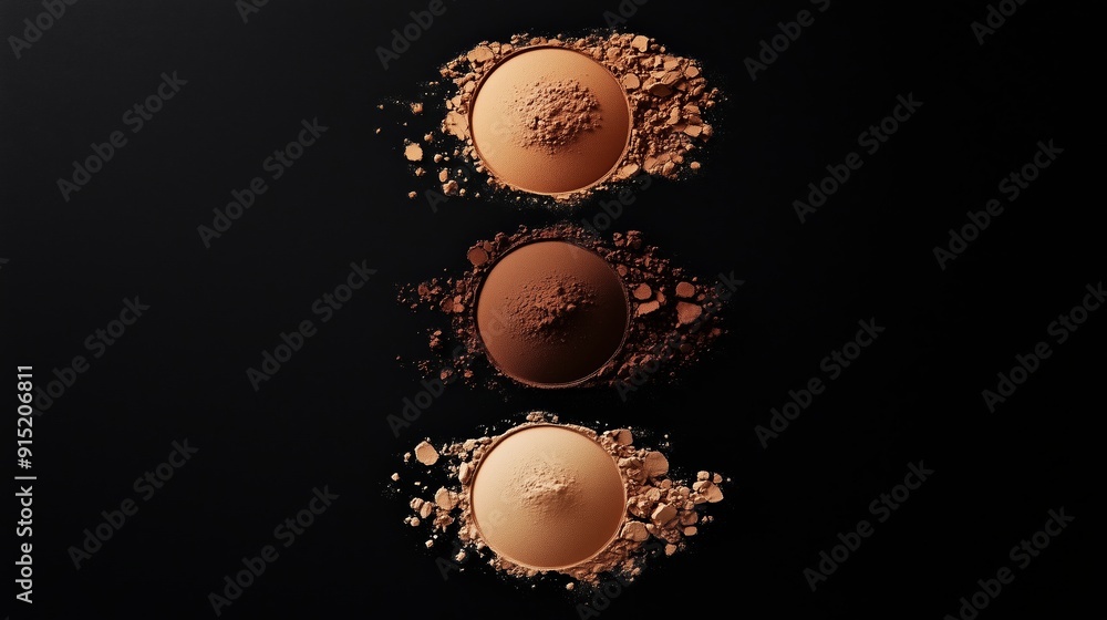 Poster three circular powders arranged symmetrically on a black background showing different shades of make