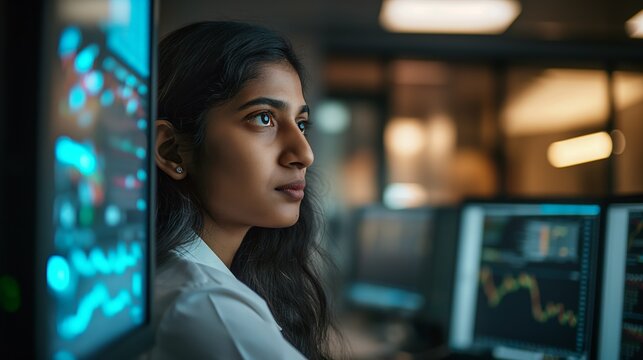 Focused Indian Businesswoman Reviewing Financial Charts on Monitors in Office
