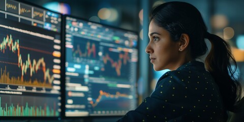 Indian Professional Trader Analyzing Stock Market Data on Multiple Monitors
