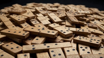 Pile of wooden dominoes with black dots on dark surface