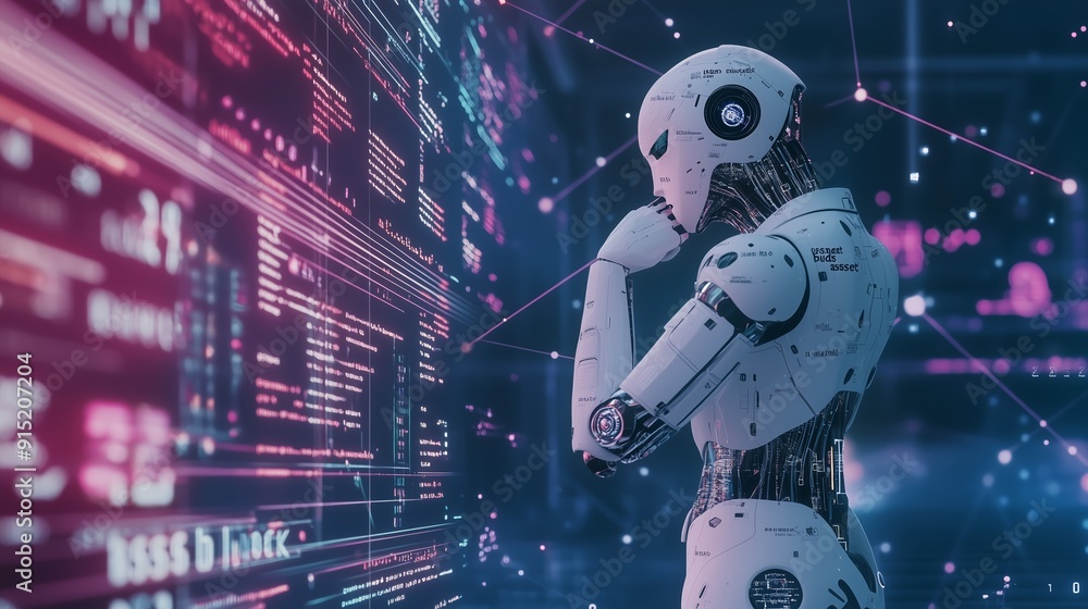 Poster a humanoid robot contemplates data in a high-tech environment during an innovative tech conference